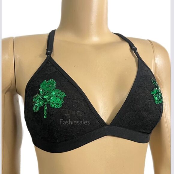 Victoria's Secret St. Patrick's Day Sequins Shamrock Triangle Lace Bralette Bra - Picture 2 of 7